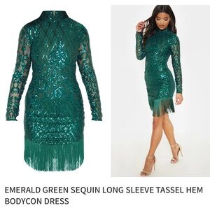 NWT EMERALD GREEN SEQUIN LONG SLEEVE TASSEL HEM DRESS Pretty Little Thing